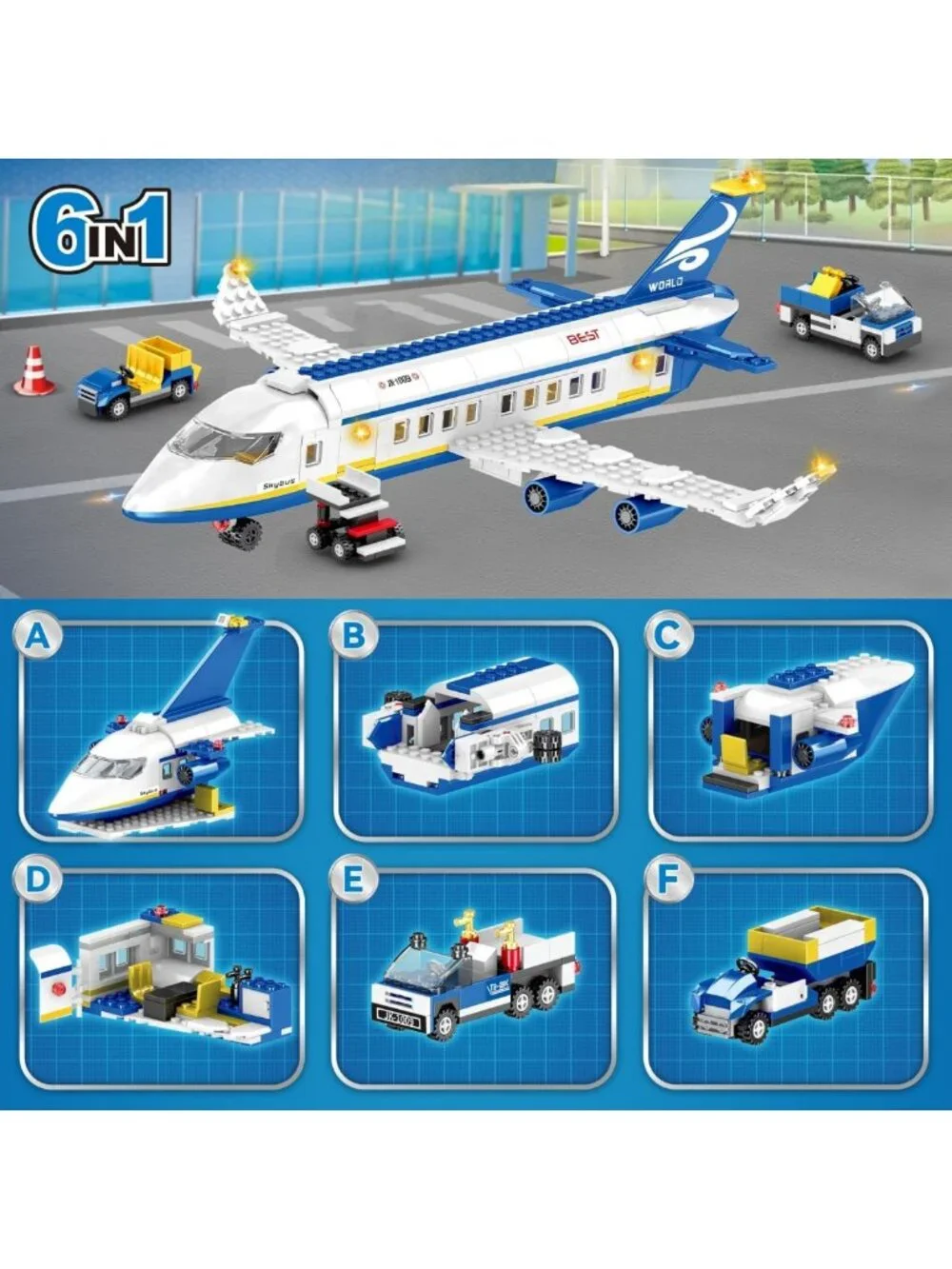 510 Pcs Airplane Building Set - 6-in-1 STEM Toys with Shuttle Bus & Baggage